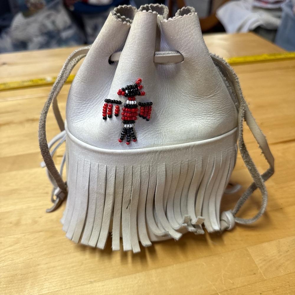 Vintage Handmade Beaded Leather Pouch with Fringe